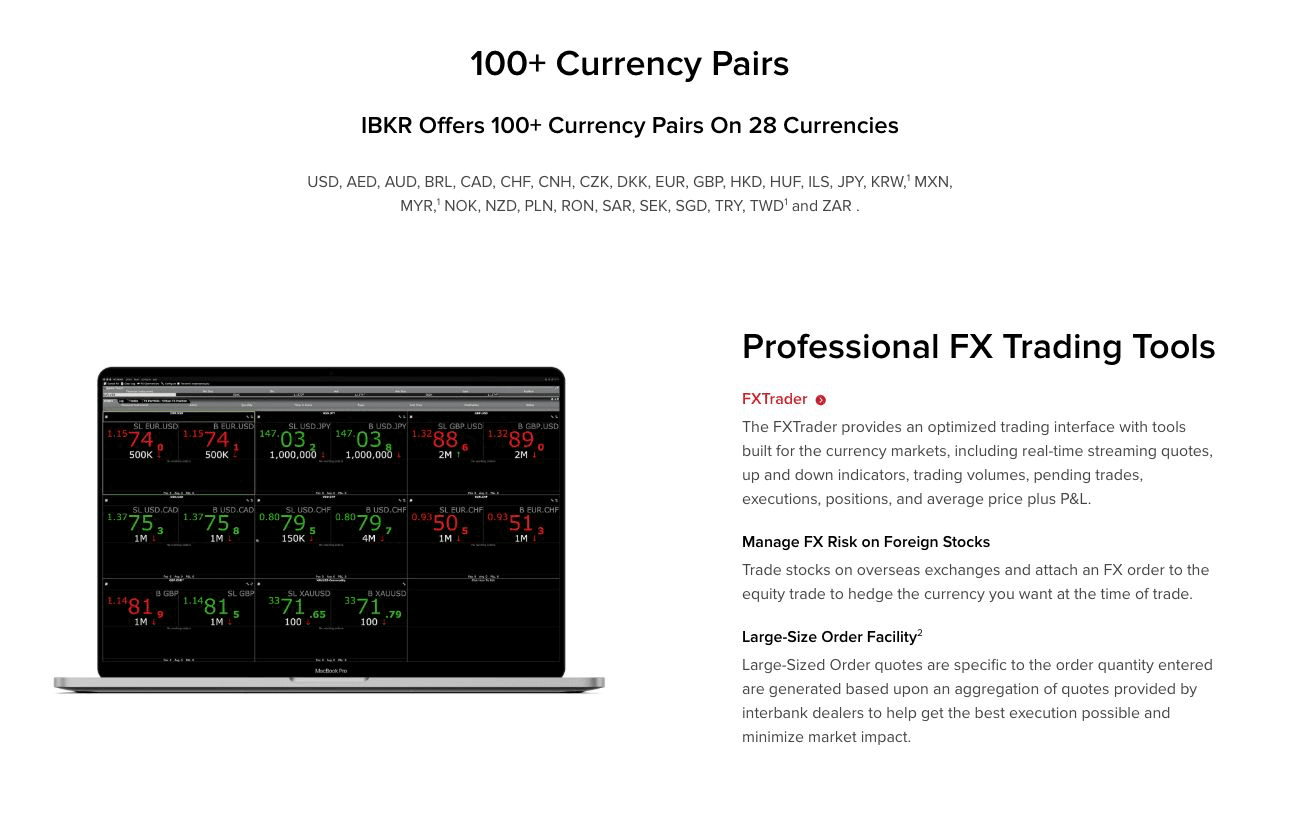 Interactive Brokers currency-trading page showing more than 100 pairs across 28 currencies and the FXTrader interface