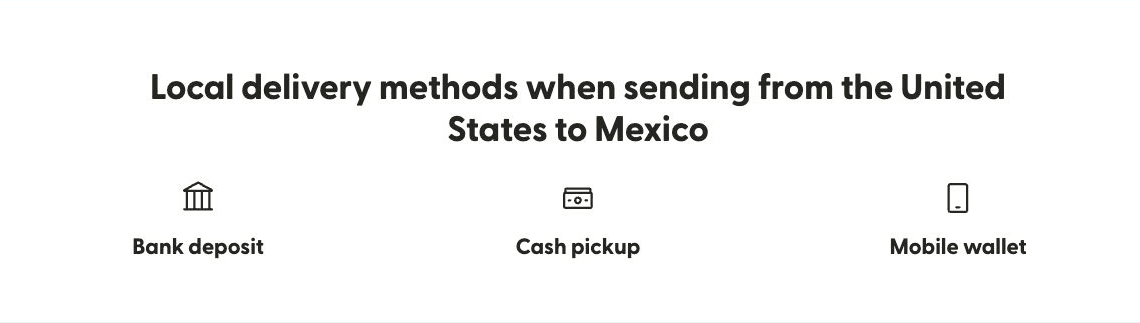 Remitly page for transfers from the United States to Mexico showing bank deposit, cash pickup and mobile wallet delivery