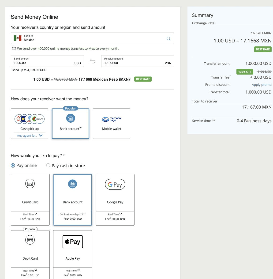Western Union public transfer example showing 1,000 US dollars to Mexican pesos with receiving choices, payment fees and delivery estimate