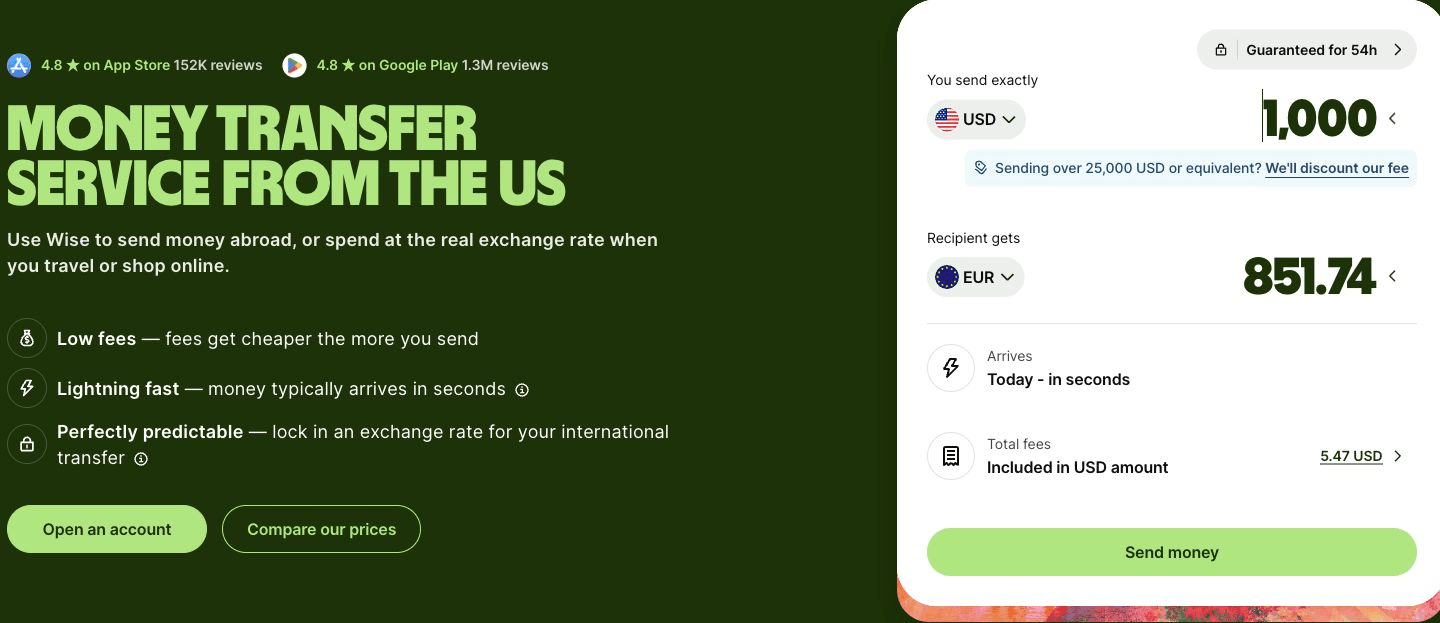 Wise US transfer calculator showing a 1,000 US dollar to euro example with the recipient amount, fee, rate guarantee and arrival estimate
